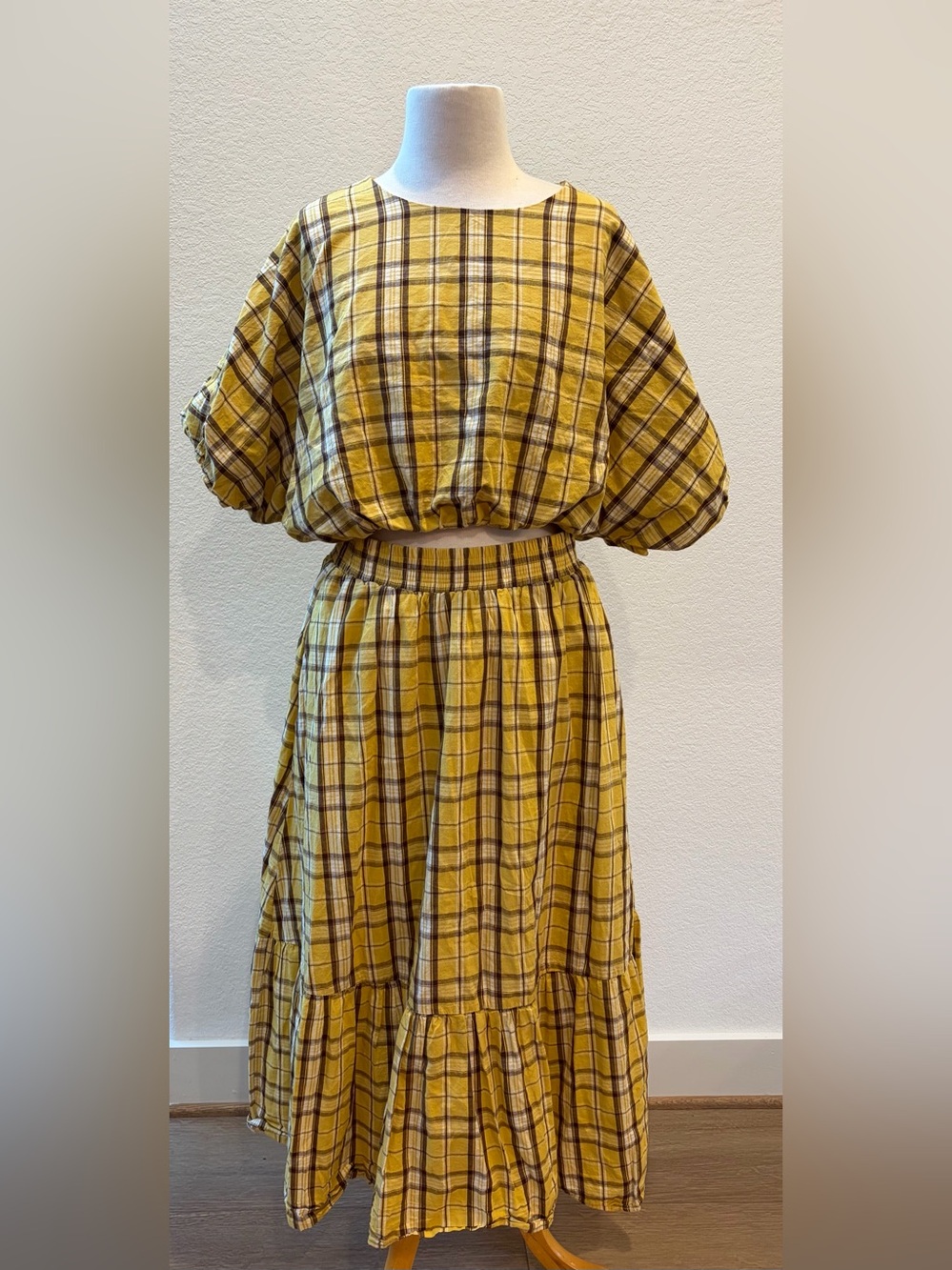 English Factory Yellow Plaid Tiered Maxi Dress